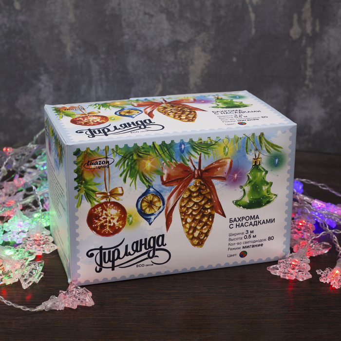 БАХРОМА, Ш:3 м, В:0.5 м, Н.С. "Елки и снежинки" LED-80-220V, моргает, МУЛЬТИ (RG/RB)