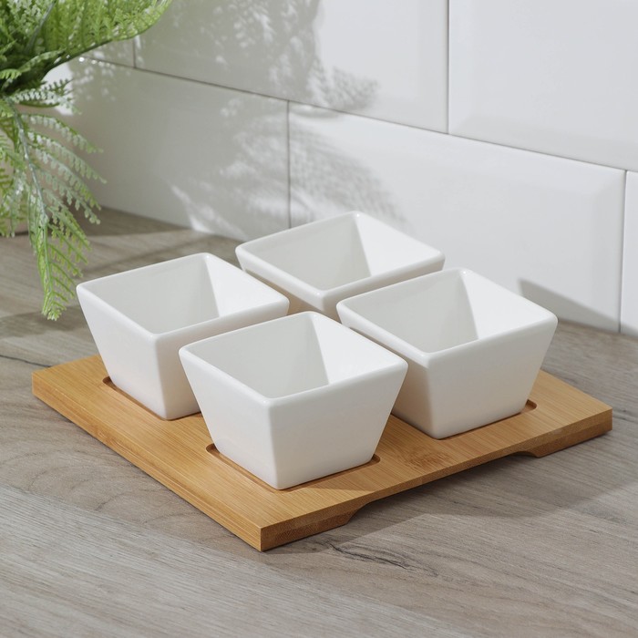 Набор салатников "Эстет", 4 шт, на деревянной подставке