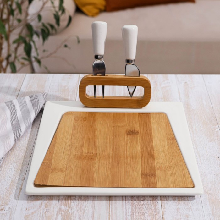 Набор для сырного ассорти и канапе "Эстет": 2 ножа, доска для нарезки