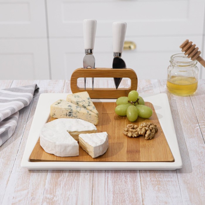 Набор для сырного ассорти и канапе "Эстет": 2 ножа, доска для нарезки