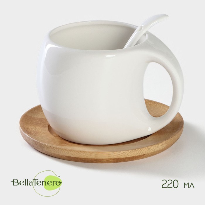 Чайная пара керамическая с ложкой BellaTenero, 3 предмета: чашка 220 мл, ложка, деревянное блюдце, цвет белый чайная пара керамическая с ложкой изменение 2 предмета чашка 230 мл блюдце цвет микс