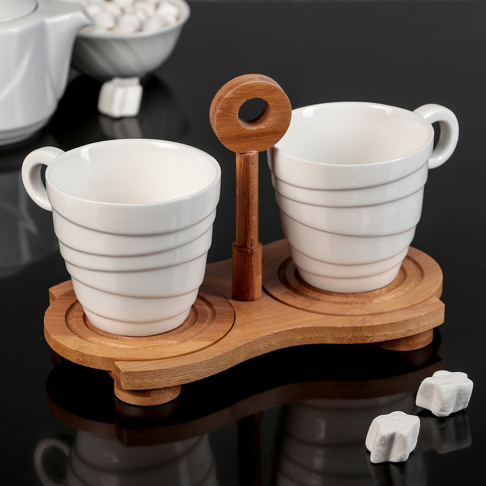Набор кружек 260 мл "Эстет", 2 шт, на деревянной подставке