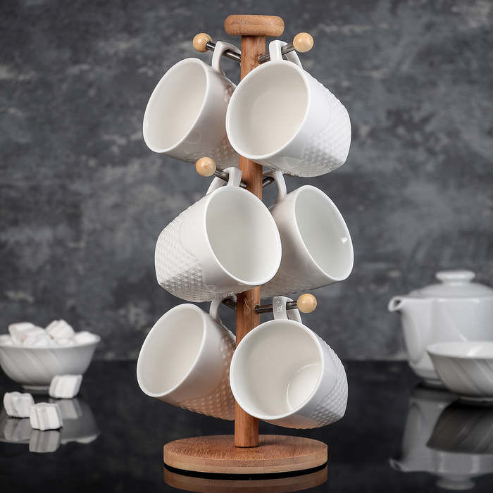 Набор кружек 220 мл "Эстет", 6 шт, на деревянной подставке