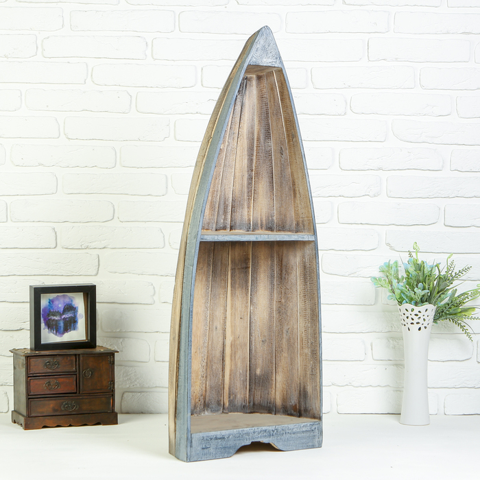 Интерьерный сувенир "Лодка с 2-мя полками" 100х38х23 см, серо-голубая, дерево