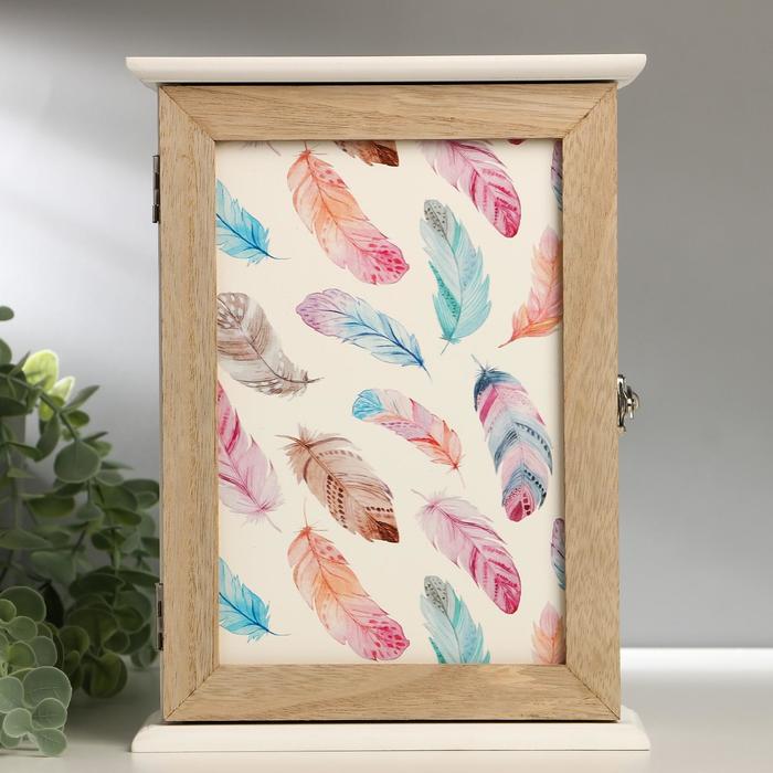 Ключница дерево 6 крючков "Разноцветные пёрышки" 26х17х7 см