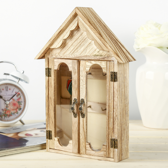 Ключница дерево под роспись "Домик со стеклянными дверями" 29,7х22х5,8 см