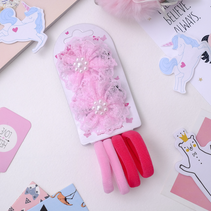 Набор для волос "Карапулька" (2 зажима,4 резинки) жемчужинки, розовый