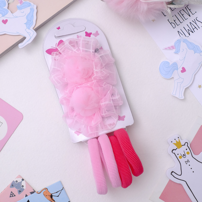 Набор для волос "Карапулька" (2 зажима,4 резинки) розочки в клеточку, розовый