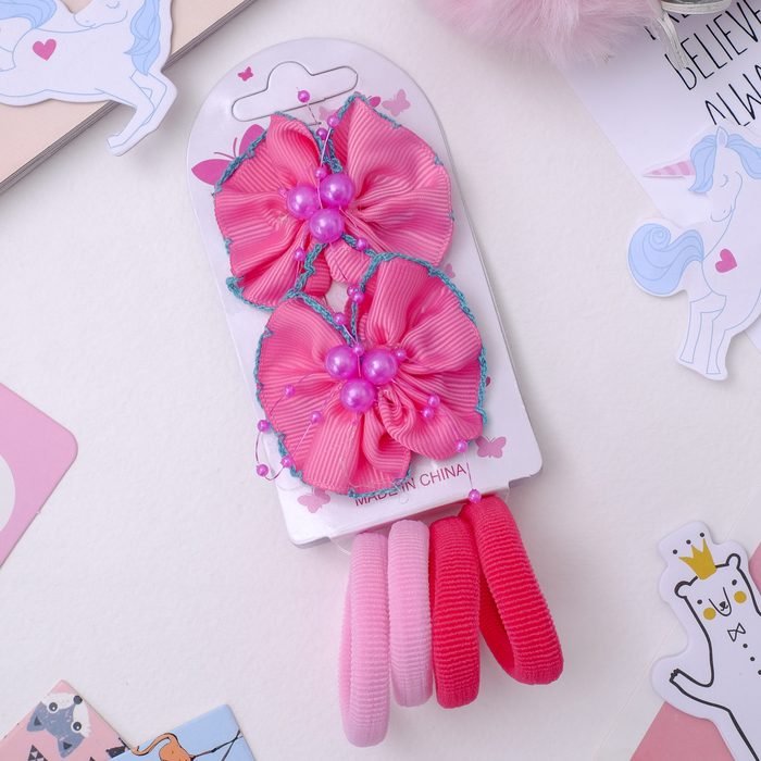 Набор для волос "Карапулька" (2 зажима,4 резинки) бусинки кантик, розовый
