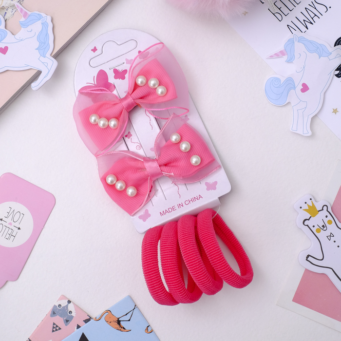 Набор для волос "Карапулька" (2 зажима,4 резинки) бусины, розовый