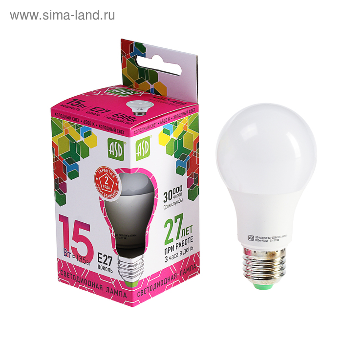 фото Лампа светодиодная asd led-a60-standard, е27, 15 вт, 230 в, 6500 к, 1350 лм