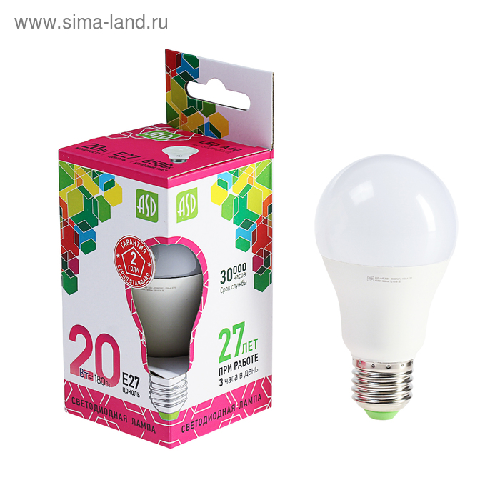 фото Лампа светодиодная asd led-a60-standard, е27, 20 вт, 230 в, 6500 к, 1800 лм