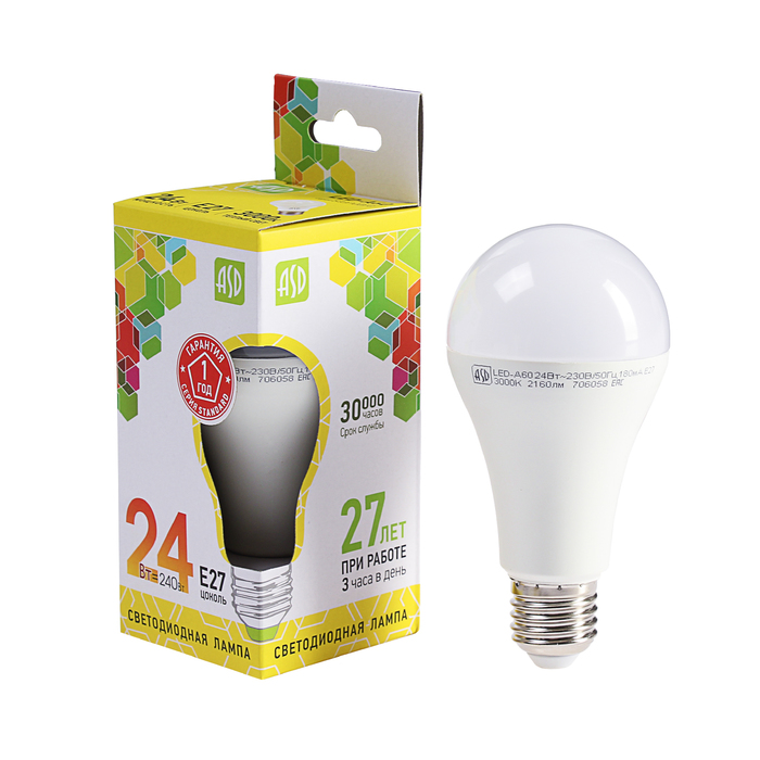 Лампа светодиодная ASD LED-A60-standard, Е27, 24 Вт, 230 В, 3000 К, 2160 Лм