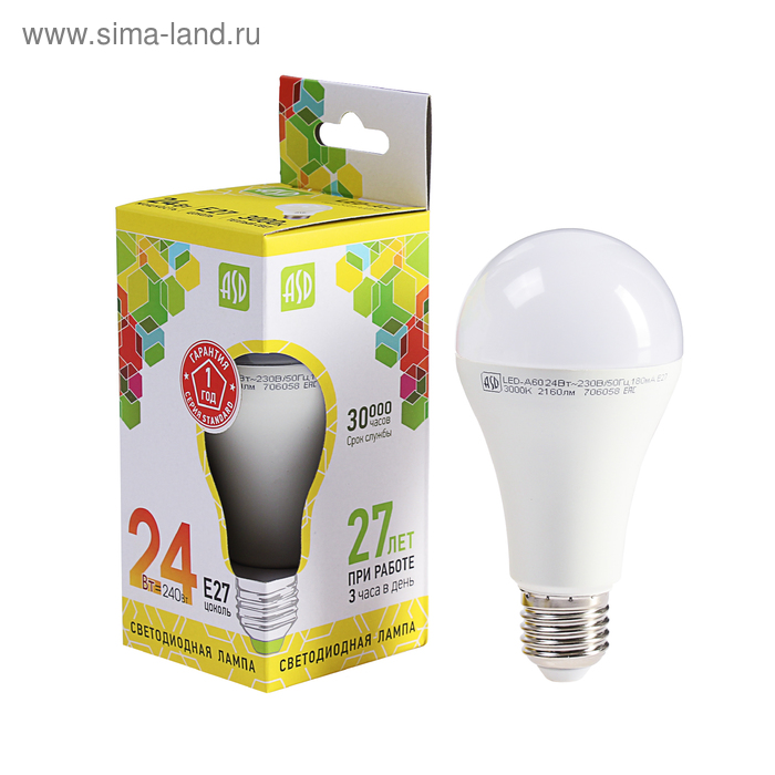 фото Лампа светодиодная asd led-a60-standard, е27, 24 вт, 230 в, 3000 к, 2160 лм