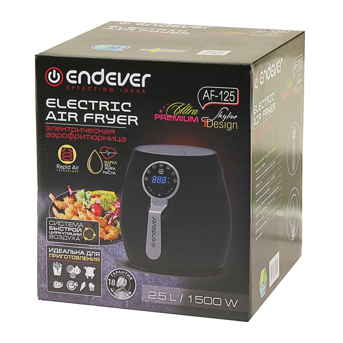 Аэрофритюрница Endever Skyline AF-125, 1500 Вт, 2.5 л, 7 режимов, таймер 30 мин, черная