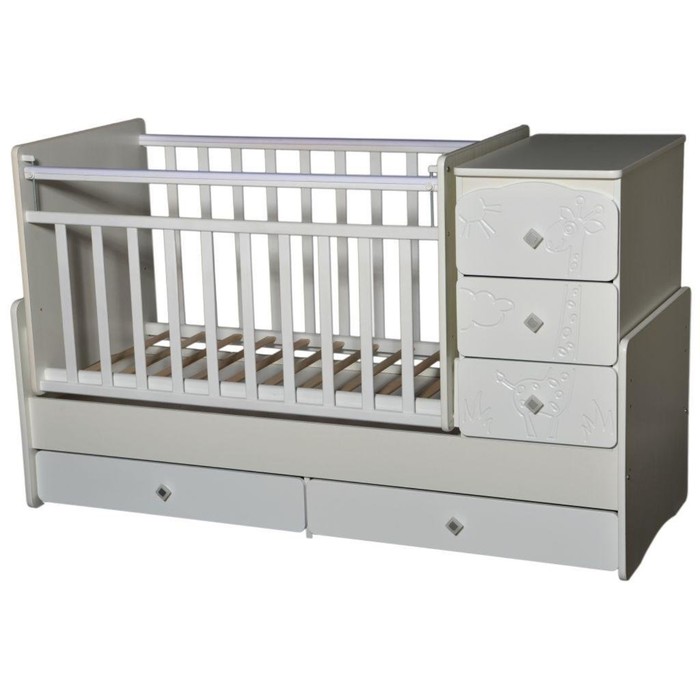 Кровать детская-трансформер «Любаша-2 Жираф» прямые спинки, попер. маятник, белая