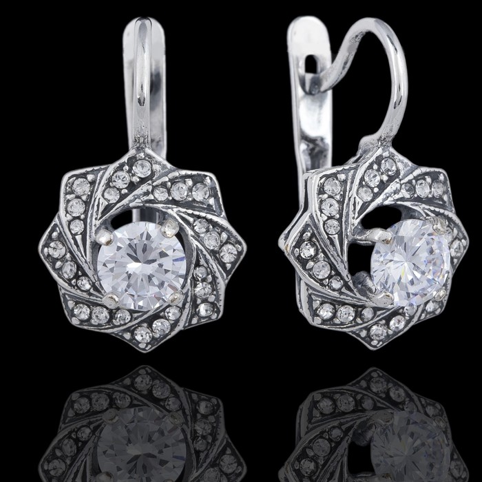 Серьги "Лебедушка", цвет белый в чернёном серебре