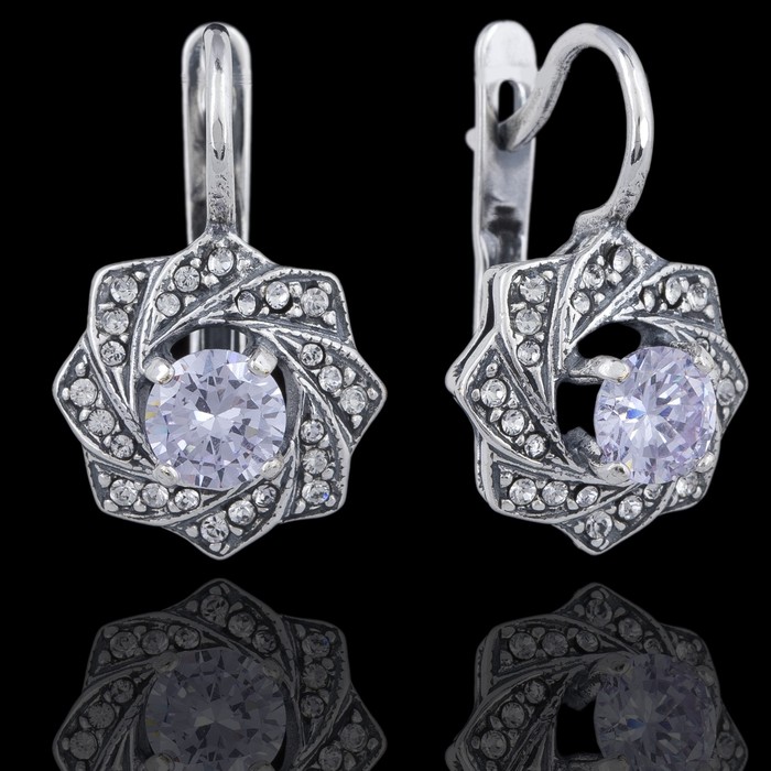 Серьги "Лебедушка", цвет фиолетовый в чернёном серебре