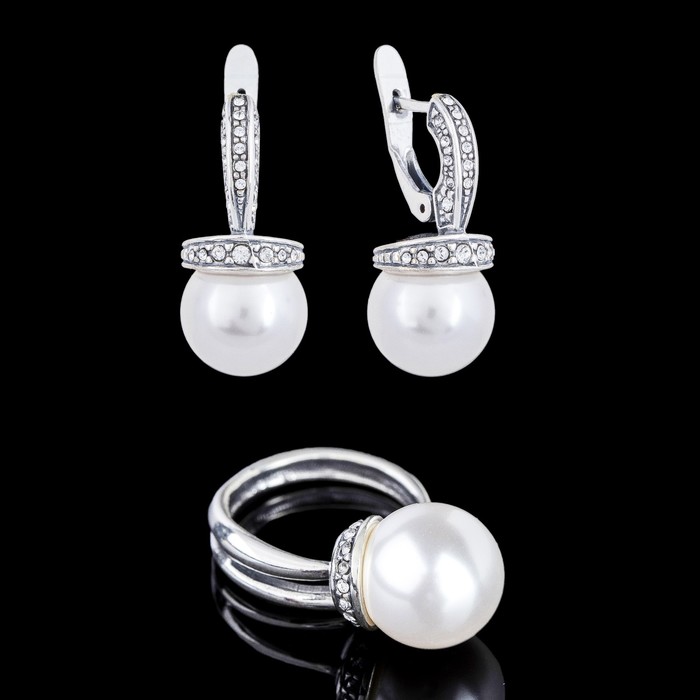 Гарнитур 2 предмета: серьги, кольцо "Амон", размер 17, цвет белый в чернёном серебре