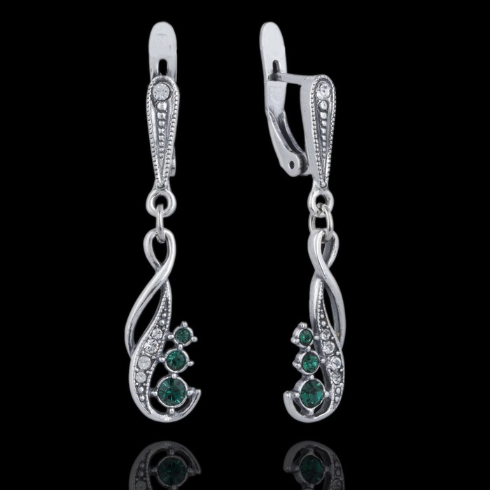 Серьги "Флерт", цвет зелёный в чернёном серебре