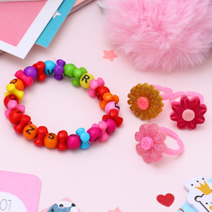 Набор детский "Выбражулька" 4 предм: 3 кольца, браслет, цветочки, форма МИКС, цвет МИКС