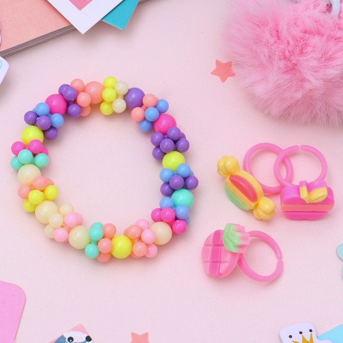 Набор детский "Выбражулька" 4 предм: 3 кольца, браслет, полосочки, форма МИКС, цвет МИКС