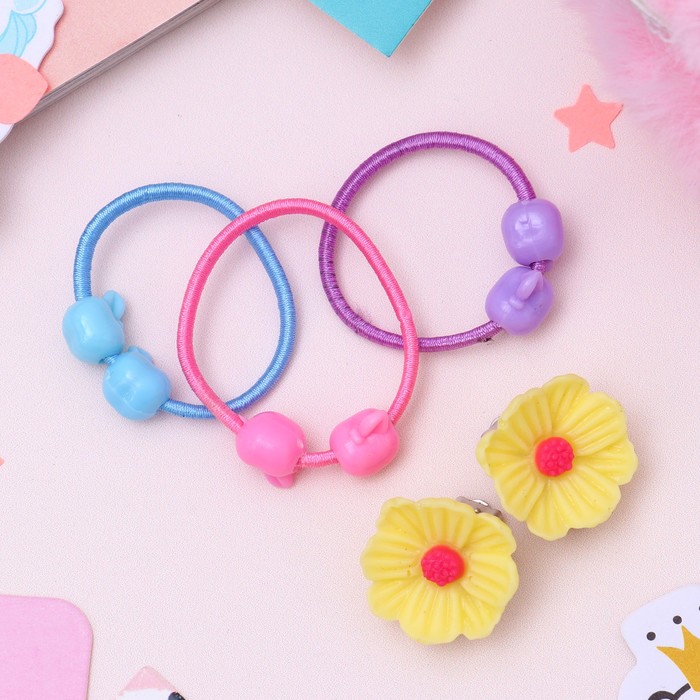 Набор детский "Выбражулька" 4 предм: 3 резинки, клипсы, яблочки, цвет МИКС