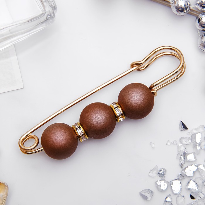 Булавка "Трио" 7см, шар №14, цвет матовый коричневый в золоте
