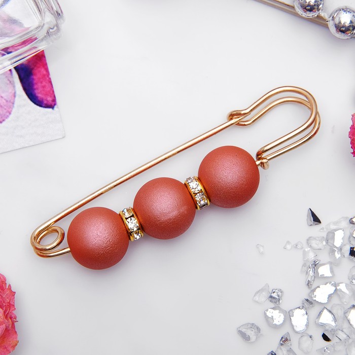 Булавка "Трио" 7см, шар №14, цвет матовый розовый в золоте