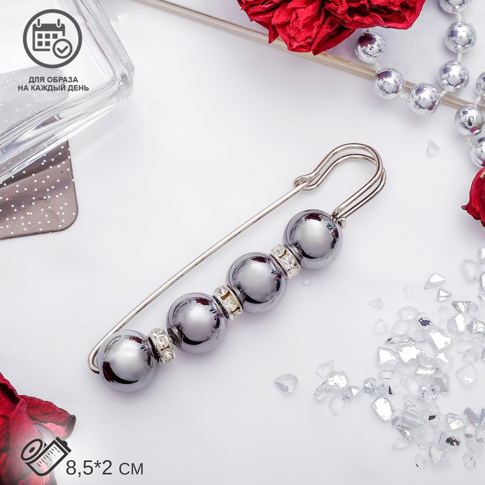 Булавка "Квартет" 8,5см, шар №14, цвет глянцевый серый в серебре