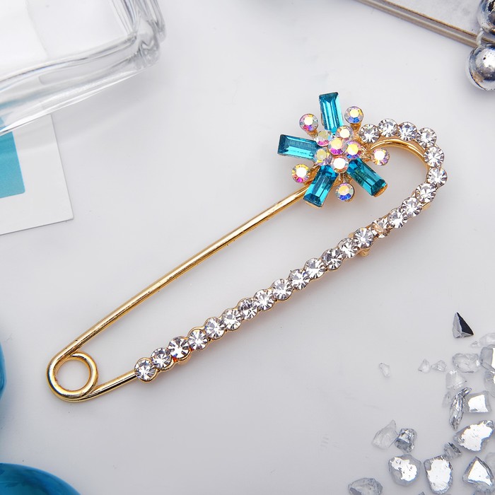 Булавка "Цветок" лучистый, 7см, цвет бело-голубой в золоте