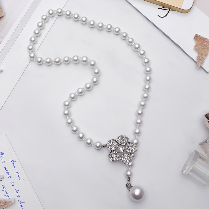 Колье "Жемчужное" с расстёгивающимся элементом, цветок, цвет белый в серебре, 50 см