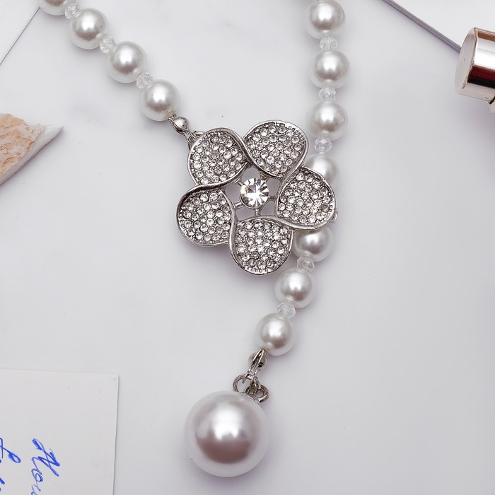 Колье "Жемчужное" с расстёгивающимся элементом, цветок, цвет белый в серебре, 50 см