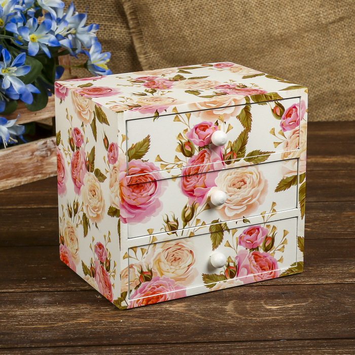 Шкатулка дерево комод 3 ящика "Королевские пионы" 14,8х15,6х11,6 см