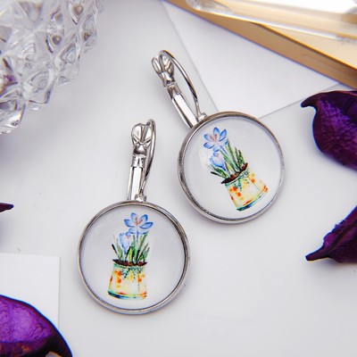 Серьги из стекла "Candy" цветы в горшочке, цветные в серебре