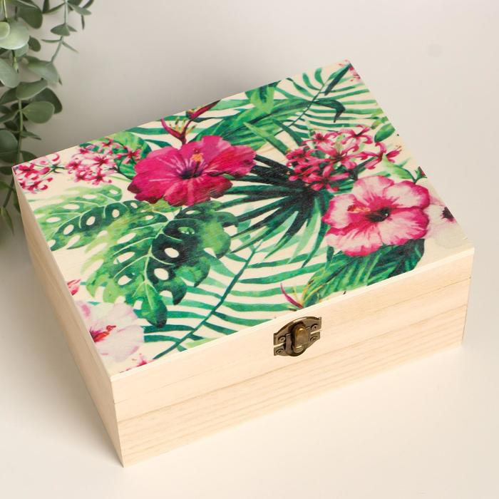 Шкатулка дерево "Экзотические цветы в листьях" 9х20,8х15,7 см