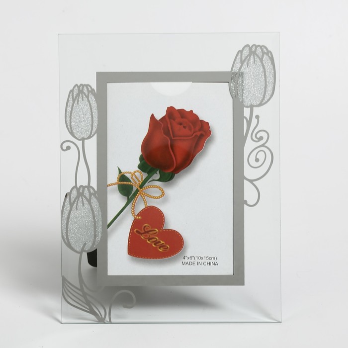 Фоторамка стекло 10х15 см "Тюльпаны" зеркальная с блёстками 22х17 см