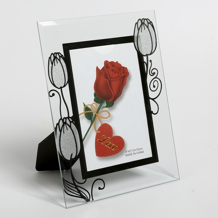 Фоторамка стекло 10х15 см "Тюльпаны" зеркальная с блёстками 22х17 см