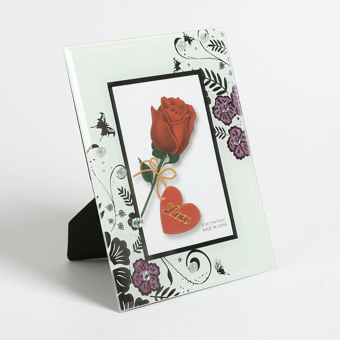 Фоторамка стекло 10х15 см "Цветы в блёстках" зеркальная обводка 22х17 см