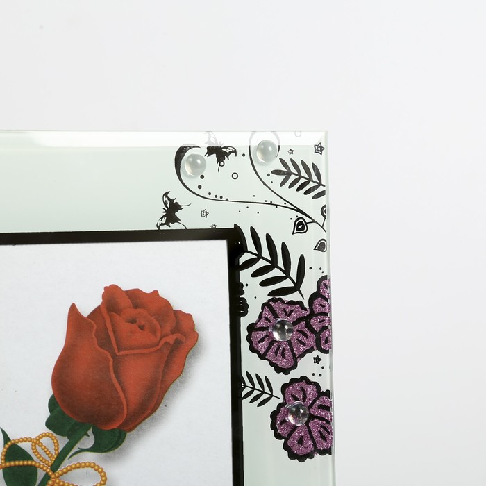 Фоторамка стекло 10х15 см "Цветы в блёстках" зеркальная обводка 22х17 см