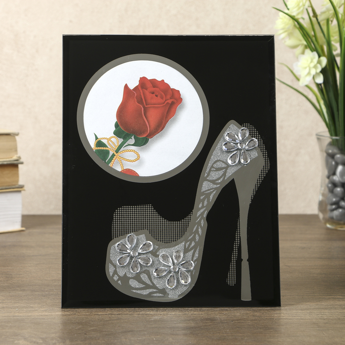 Фоторамка стекло 10х15 см "Зеркальная туфелька" чёрная со стразами 22х17 см