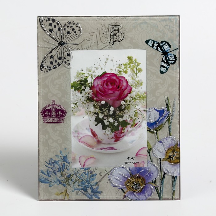 Фоторамка стекло 10х15 см "Цветы и бабочки" с блёстками 22х17 см