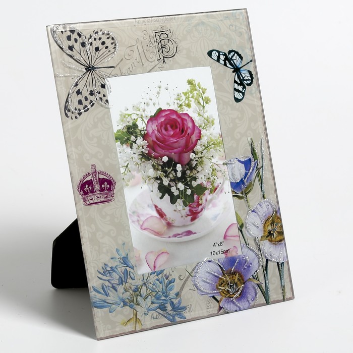 Фоторамка стекло 10х15 см "Цветы и бабочки" с блёстками 22х17 см