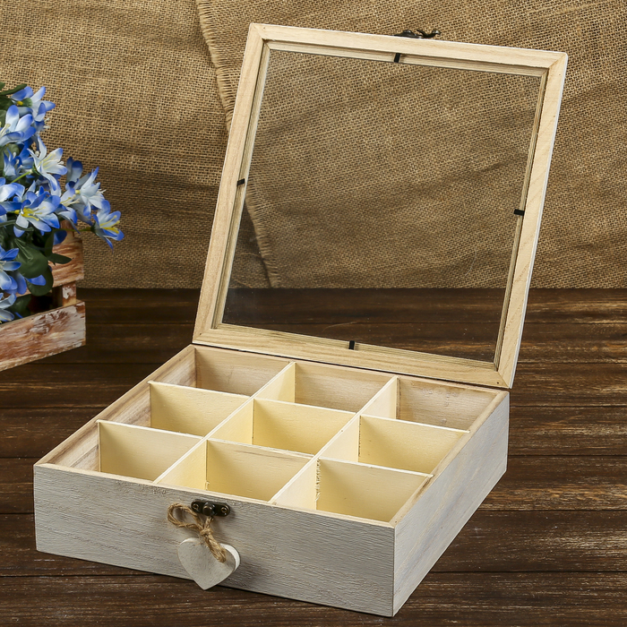 Шкатулка дерево с делениями "С сердечком" серая МИКС 7х26х26 см