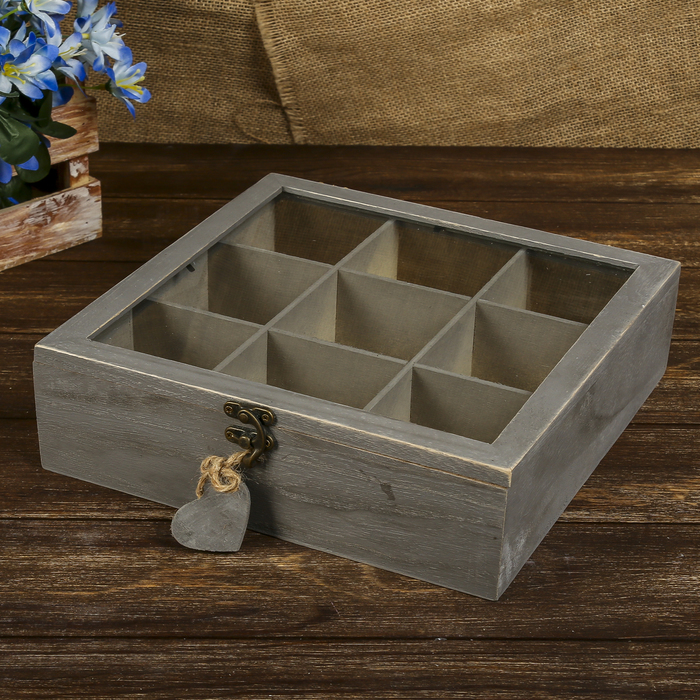 Шкатулка дерево с делениями "С сердечком" серая МИКС 7х26х26 см