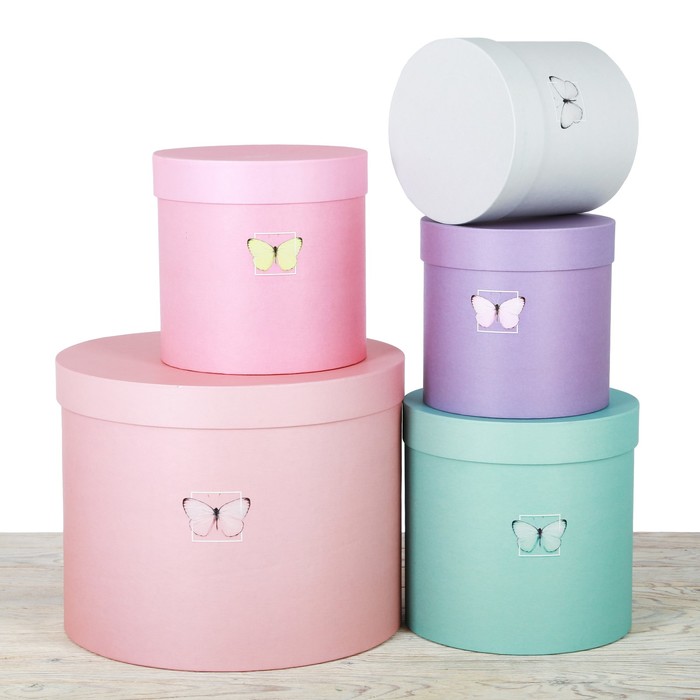 Набор круглых подарочных коробок 5в1, "Бабочки", 30 х 24- 15 х 15 см