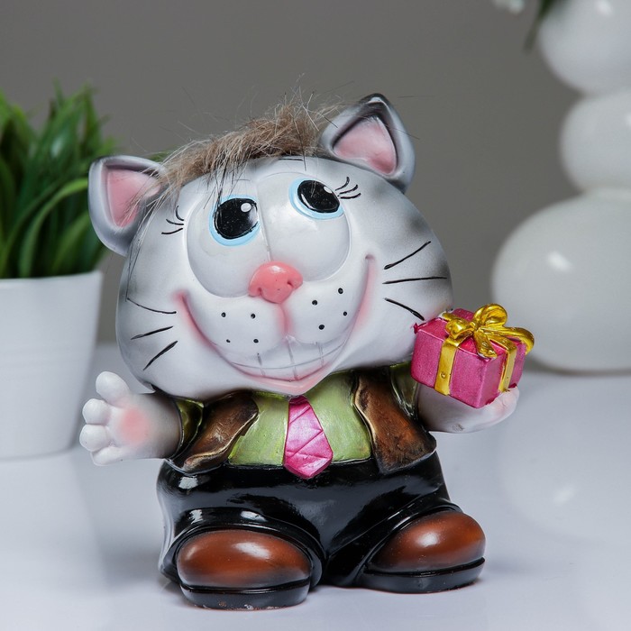 Копилка "Котик с подарком" серый чуб 14х12х16см