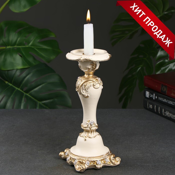 Изделие декоративное "Подсвечник с резным квадратным основанием" ваниль/золото 12х12х27см