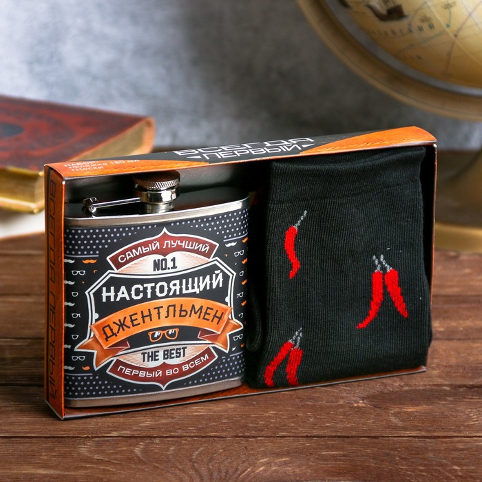 Подарочный набор "Настоящий джентльмен", фляжка 180 мл, носки