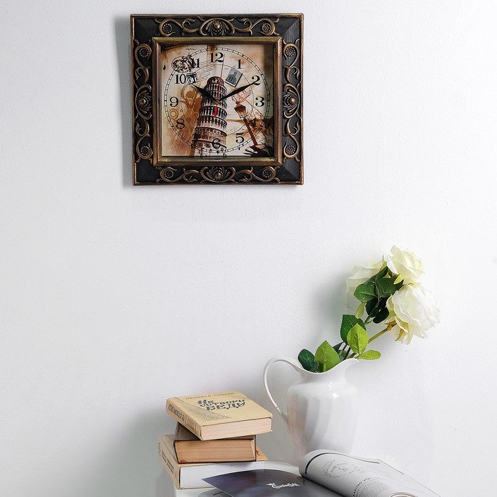 Часы настенные серия Ретро, квадрат, рама чёрная+медь d=30см